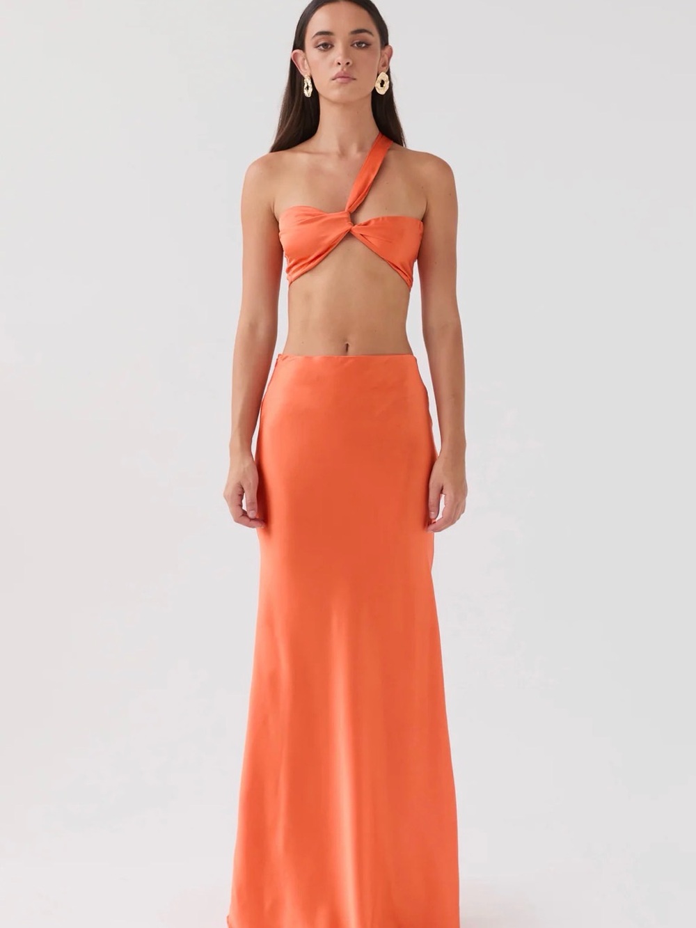 Peppermayo Orange Satin One-Shoulder Crop Top & Maxi Skirt Set
